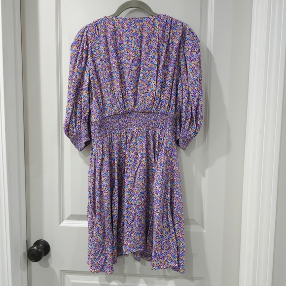 Zara Purple Blue Yellow Floral Puff Smocked Sleeve Sundress Mini, Deep Vneck, S - Picture 10 of 16